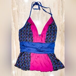 New BEBE Silk Strapless Fuchsia Royal Blue Halter Top Size Small